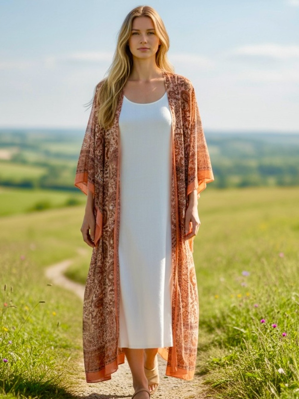 Free People OS Pink and Peach Paisley Bandana Print Long Kimono Boho